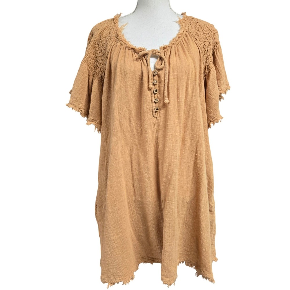 Free People Flutter Sleeve Boho Style Top Blouse‎ Cotton Pocket Yellow Women's L